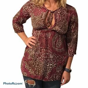 Trina Turk Printed Tunic Top Keyhole Tie Neck‎ 3/4 Sleeve Size 4